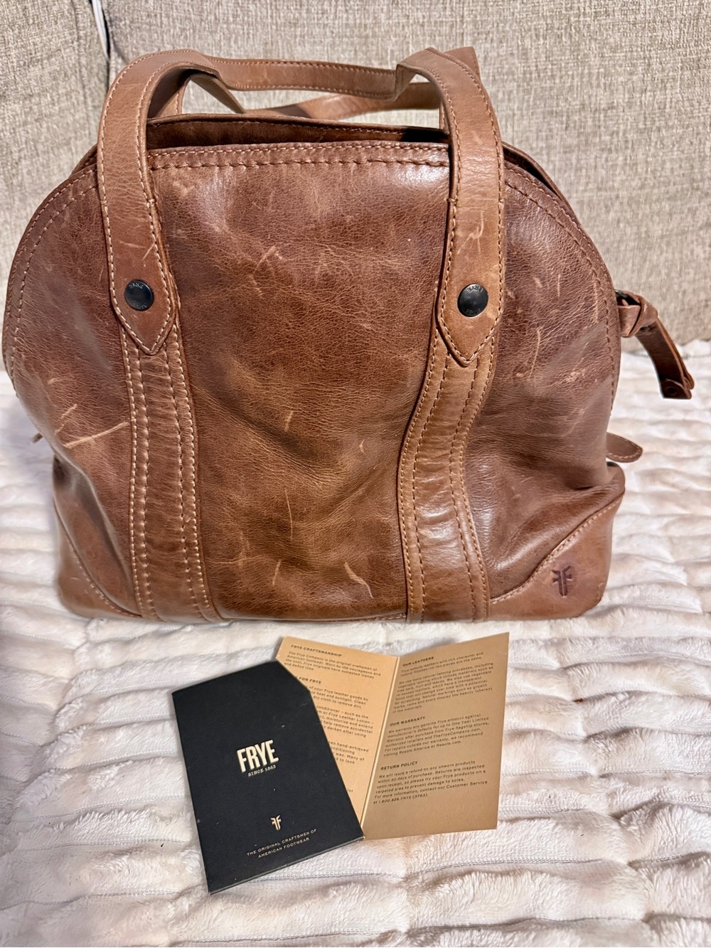 FRYE Melissa Leather Domed Double Top Satchel Carry Tote / Purse - Rustic Brown